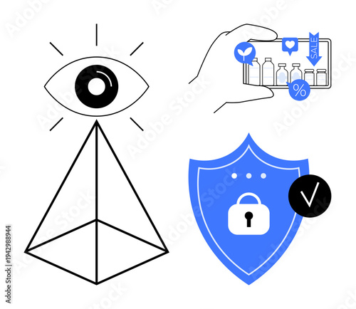 Data privacy concept. Data privacy illustrated with a shield, an eye awareness, and online shopping elements. Data privacy protects personal and transactional information. For e-commerce