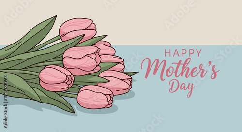 A beautifully illustrated bouquet of pink tulips with a cheerful 'Happy Mother's Day' message in a modern, flat style