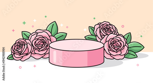 A pink podium surrounded by beautiful roses and decorative elements, illustrated in a modern flat style