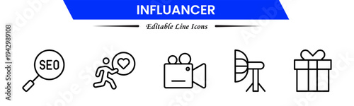Influencer icons depicting social media creators, followers, engagement, branding, promotion, livestreams, content creation, audience growth, networking, trends, visibility, marketing, and online infl