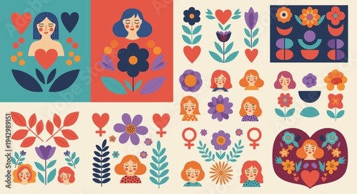 A vibrant collection of floral and feminine illustrations featuring diverse characters in a flat design style