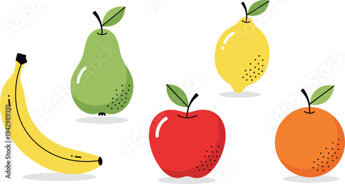Fresh Fruit Vector Collection Featuring Banana, Apple, Pear, Lemon and Orange in Flat Cartoon Style Healthy Food Illustration for Market and Nutrition Design