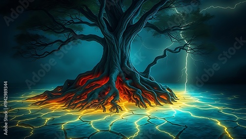 Ancient tree roots glowing beneath a cracked island surface, resembling buried lightning.