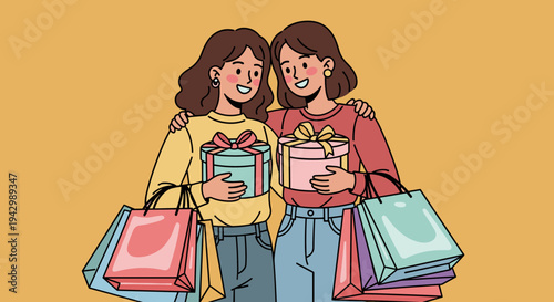 Two cheerful women holding shopping bags and gifts, illustrated in a modern flat style, perfect for retail themes