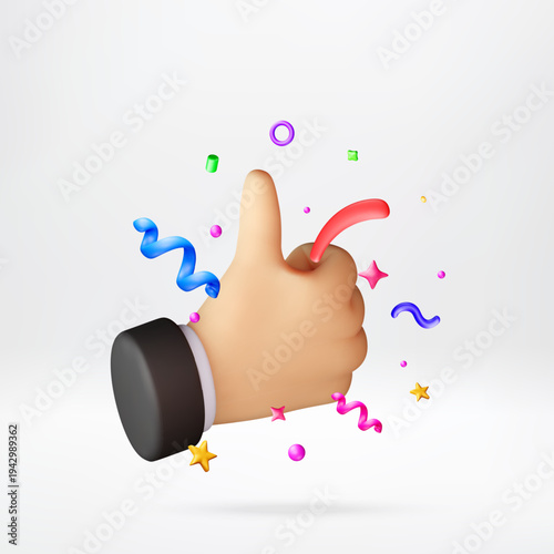 3d illustration of hand showing thumbs up sign with floating confetti and ribbon. Success and celebration for social media like button. Positive feedback and approval symbol. Vector illustration