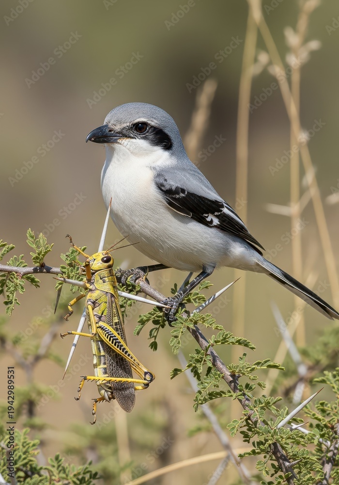 Obraz premium Songbird impales large insect prey upon thorny bush branch