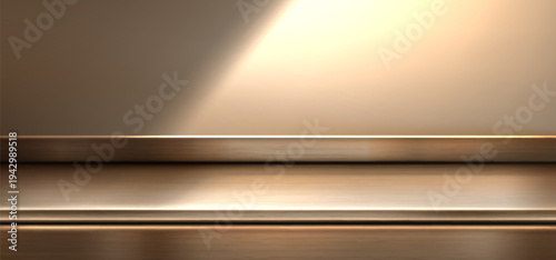 Empty wooden kitchen counter with realistic texture, natural product display platform, realistic vector background. Minimalist wood table mockup with warm golden sunlight