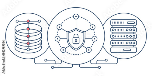 Data security encryption and database management vector illustration, protection of digital information and cybersecurity symbol