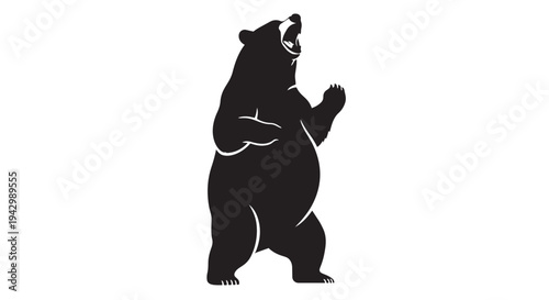 Black silhouette of a large bear standing on its hind legs with an open mouth suggesting a roar or challenge.