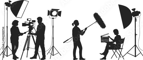 Film production crew silhouettes with camera lighting boom microphone and clapperboard movie making studio video shooting vector illustration set