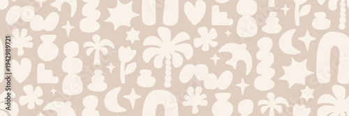 Summer beach seamless pattern. Groovy boho aesthetic palm icons, abstract wave shapes, sun, bird, clouds jug and organic flowers. Clean vector playful tropical print. Sea breeze and coastal surface bg