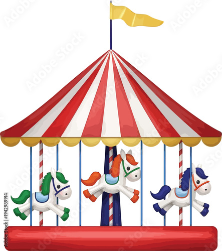 Festive carousel merry-go-round with colorful horses and striped circus tent roof