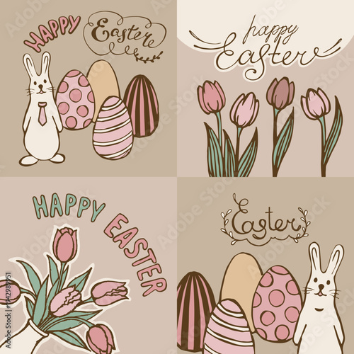 Set of Happy Easter cards on kraft paper, hand-drawn, flowers tulips, rabbit and eggs