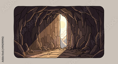 A scenic cave entrance illuminated by sunlight, featuring rocky textures in a minimalist style, ideal for nature-themed designs