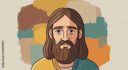 Illustration of a bearded man with long hair, featuring a modern, colorful background and a minimalist style