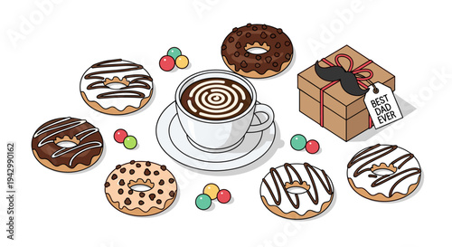 An illustration featuring a variety of delicious cookies, a coffee cup, and a gift box in a modern, flat style