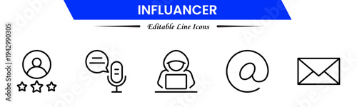 Influencer icons depicting social media creators, followers, engagement, branding, promotion, livestreams, content creation, audience growth, networking, trends, visibility, marketing, and online infl