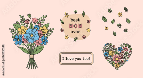 A vibrant floral bouquet with cheerful colors, featuring a heartfelt message for Mother's Day in a modern, playful style