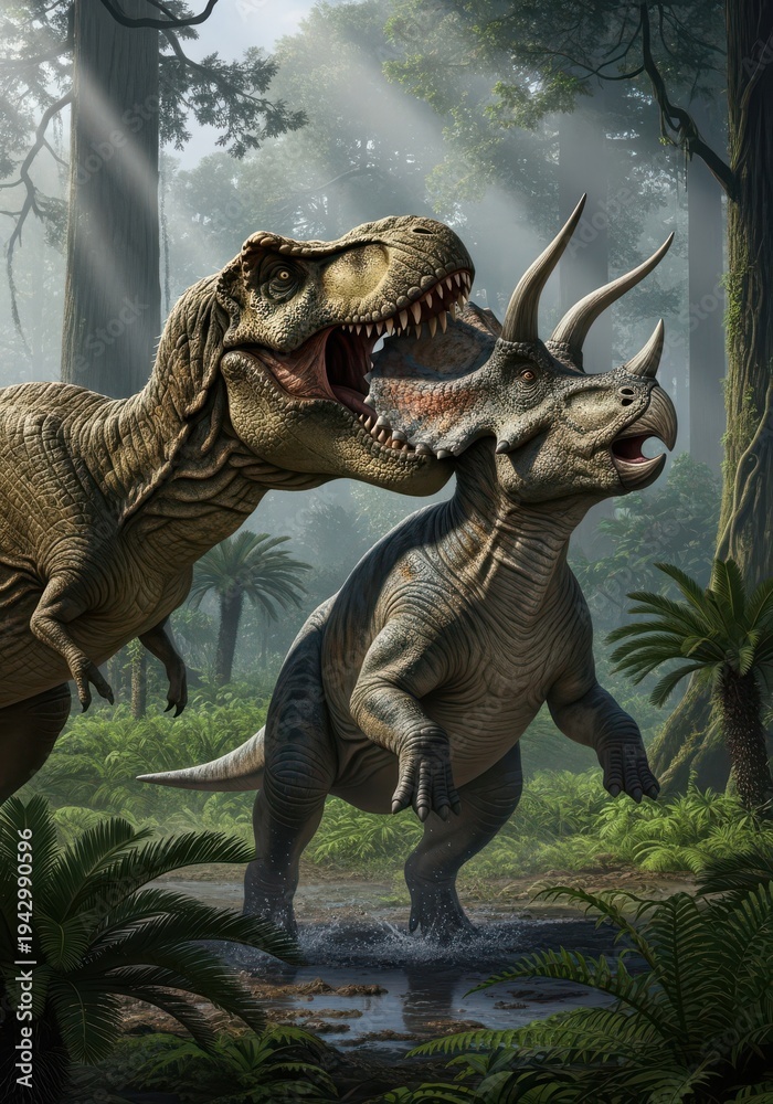 Fototapeta premium Ferocious prehistoric reptiles engage in intense conflict within a dense, misty jungle environment