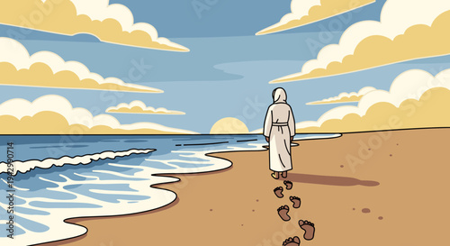 A serene beach scene featuring a figure walking along the shore, illustrated in a minimalist style with soft colors