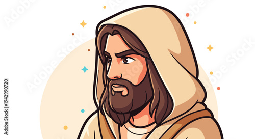 A stylized illustration of a bearded figure in a hood, featuring a modern, vibrant design with playful elements