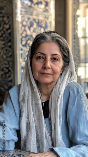 A middle-aged Iranian woman wearing light blue and a white scarf is sitting at the table in front of her, looking into the camera, her hair tied back with 