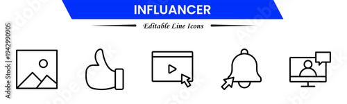 Influencer icons depicting social media creators, followers, engagement, branding, promotion, livestreams, content creation, audience growth, networking, trends, visibility, marketing, and online infl