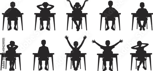 Students sitting at school desks silhouette set children classroom poses learning education concept black vector illustration isolated collection