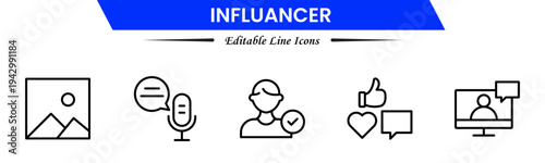Influencer icons depicting social media creators, followers, engagement, branding, promotion, livestreams, content creation, audience growth, networking, trends, visibility, marketing, and online infl