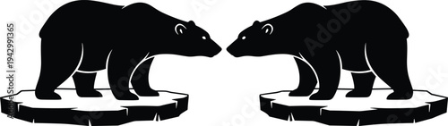 Two polar bear silhouettes facing each other on ice floes Arctic wildlife confrontation concept black vector illustration isolated minimal design