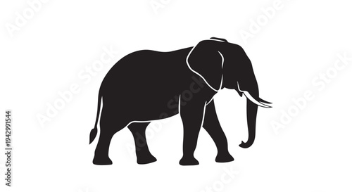 Large elephant silhouette stands facing sideways with tusks visible against a plain white background.