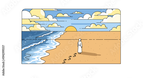 A serene beach scene featuring a person walking along the shore, illustrated in a minimalist style