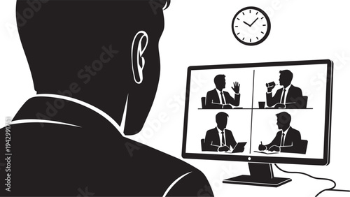 A man in a suit sits in front of a computer with four other people on the screen isolated on transparent background, Vector