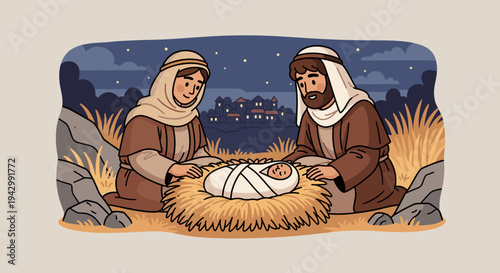 A serene nativity scene depicting Mary and Joseph with baby Jesus in a manger, illustrated in a modern, flat style