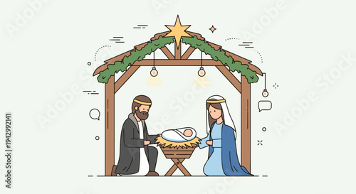 A minimalist illustration of the nativity scene featuring Mary, Joseph, and baby Jesus in a stable