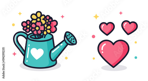 A colorful illustration featuring a watering can with flowers and playful hearts in a modern, flat design style