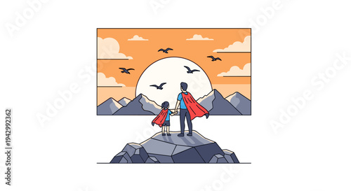 A parent and child stand heroically on a mountain peak, wearing capes against a sunset backdrop in a modern flat style