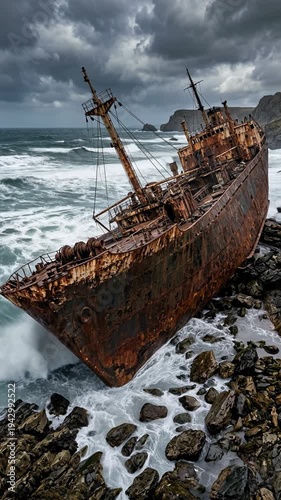 Rusty Wrecked Ship On Rocky Shoreline With Crashing Waves And Overcast Sky In Coastal Landscape Photography