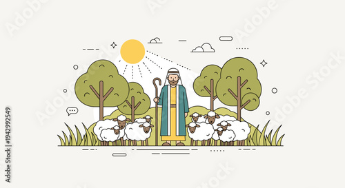 A shepherd standing with sheep in a green landscape, featuring a minimalist, flat design style, ideal for storytelling
