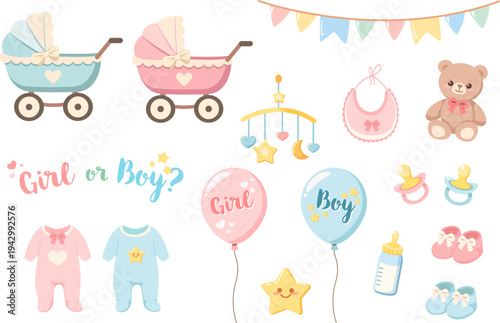 Cute vector illustrations for gender parties: strollers, toys, clothes, and accessories for babies in pink and blue. Perfect for postcards, invitations, and decor.