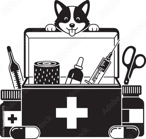 A dog peers out of a first aid kit isolated on transparent background, Vector