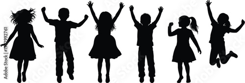 Six silhouetted children jumping in joyful celebration, playful poses expressing happiness, energy, freedom, excitement, youth, vitality, childhood fun, festive mood, 