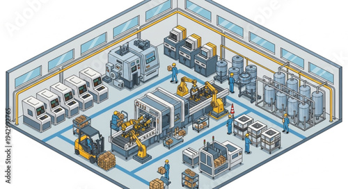 Industrial Factory Interior with Machinery.