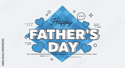 A vibrant illustration featuring a 'Happy Father's Day' message with hearts and geometric elements in a modern style