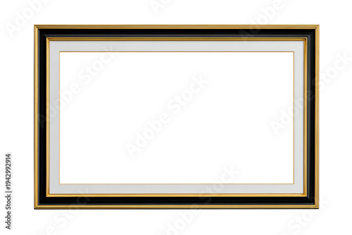Elegant empty picture frame with gold trim and white interior space