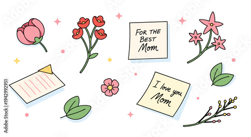 A charming collection of floral elements and notes, featuring a modern illustration style for Mother's Day celebrations