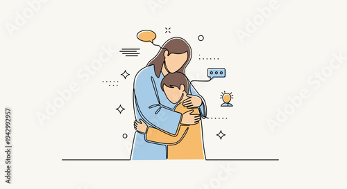 A warm illustration of a mother embracing her child in a minimalist style, perfect for family-themed designs