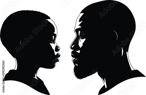 Silhouette illustration of child and adult profiles facing each other, symbolizing family bond, mentorship, generational connection, and wisdom sharing, 