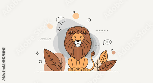 A cute lion character surrounded by leaves and bubbles in a minimalist style, perfect for children's designs