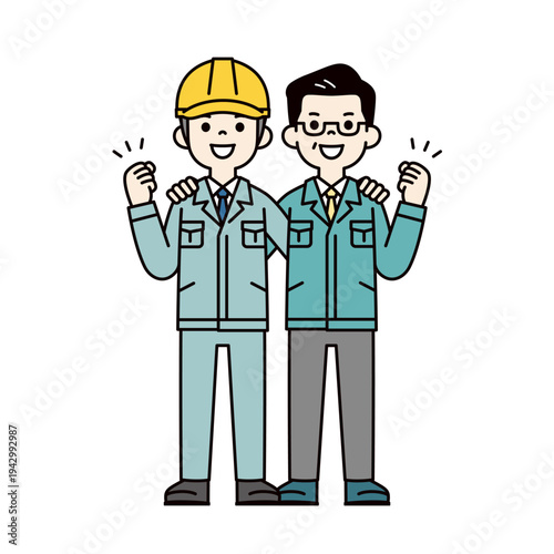 ガッツポーズをする中高年の経営者とヘルメットをかぶった作業員の全身ベクターイラスト素材